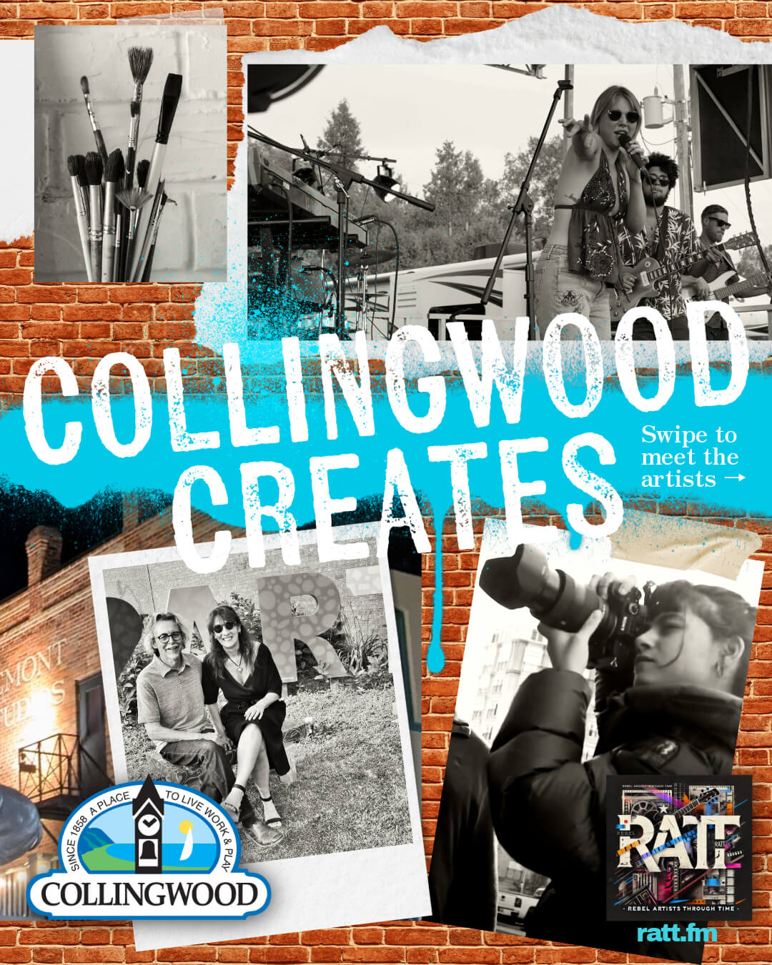 Collage of Collingwood artists with text “Collingwood Creates – A creative town alive with art, music, and collaboration.